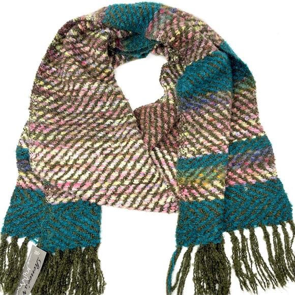Renne's NYC Women's Knit Scarf in Teal Multi, Soft Rectangle Scarf w/ Fringe - Picture 2 of 7